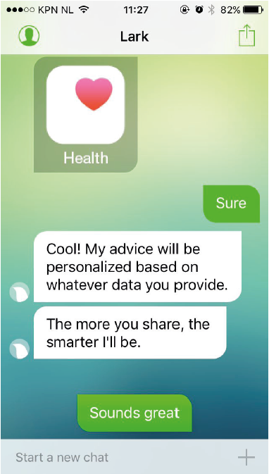 De personal trainer-app Lark gebruikt een dialoog om je te herinneren aan je training, je voeding te loggen, voedingstips te geven en je te motiveren.