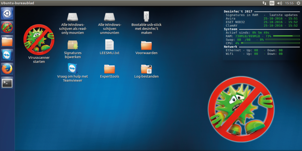 Via de desktop van Desinfec't stuur je alledrie de scanners op virusjacht en maak je met het live-systeem een usb-stick. Het Dashboard rechtsboven laat zien of de signatures zijn bijgewerkt.