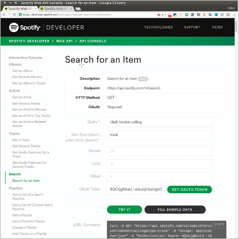 De interactieve console is handig om de web-API van Spotify te leren begrijpen.