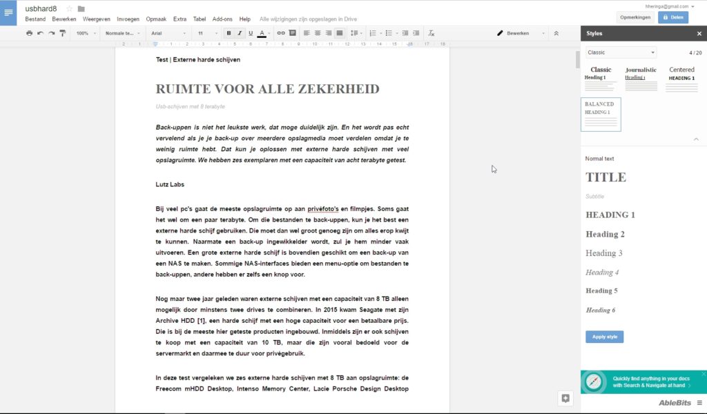Google Documenten office add-on uitbreiding Styles