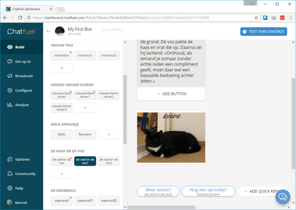 In het beheerdeel van Chatfuel kun je tekst, afbeeldingen en andere meldingen voor je bot beheren.