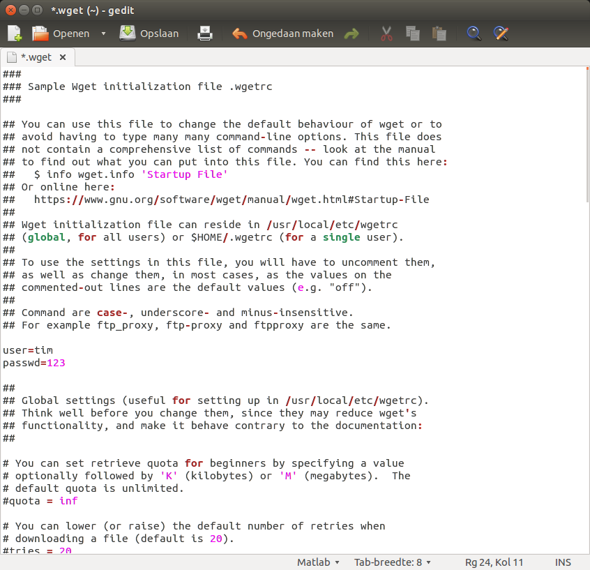 In het configuratiebestand .wgetrc kun je een gebruikersnaam en wachtwoord invoeren. wget gebruikt beide dan standaard als toegangsgegevens voor FTP- en HTTP-servers.