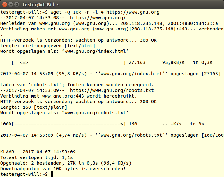Zoals aangegeven is wget hier na 10 kB gestopt met downloaden.