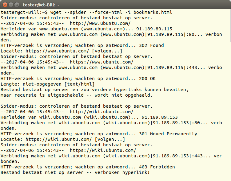 Hier controleert wget enkele bladwijzers. Als een server de toegang weigert, bestempelt wget de bijbehorende url als ongeldig – zoals in het voorbeeld onderaan.