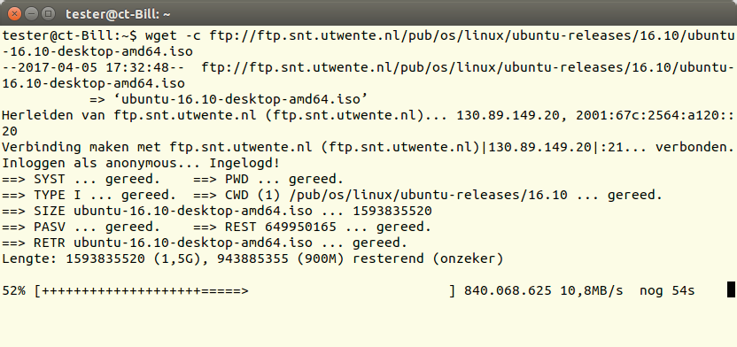 Als een download onderbroken werd, kan wget hem via een andere server voortzetten. De plustekens in de voortgangsbalk geven het deel aan dat al eerder gedownload was.