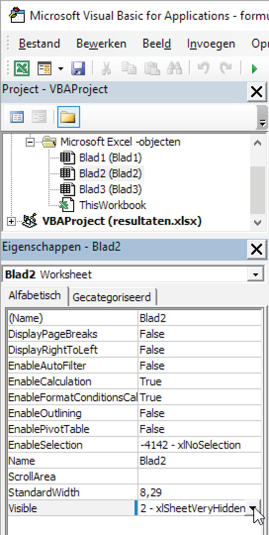 Met 'VeryHidden' wordt het blad verborgen en is het niet meer zichtbaar als je de Visual Basic-editor hebt gesloten.