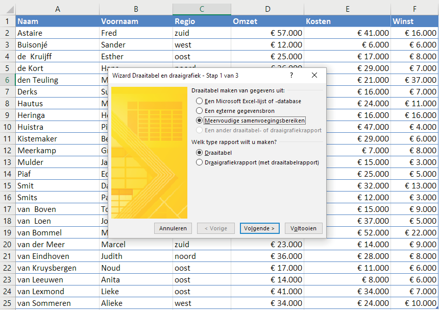 Met de wizard Draaitabel en draaigrafiek van Excel kun je meerdere bereiken selecteren voor een analyse.