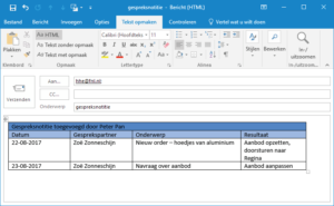 Outlook Snelle tabellen