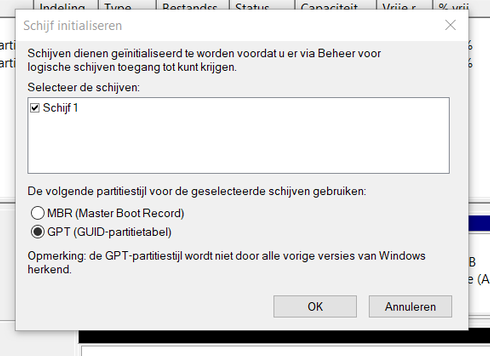 partitie beheren Windows Schijfbeheer nieuwe schijf initialiseren