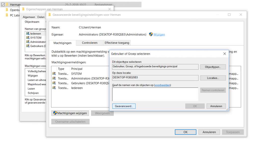 geen toegang Windows map bestanden herinstallatie ssd eigenaar machtiging volledige toegang