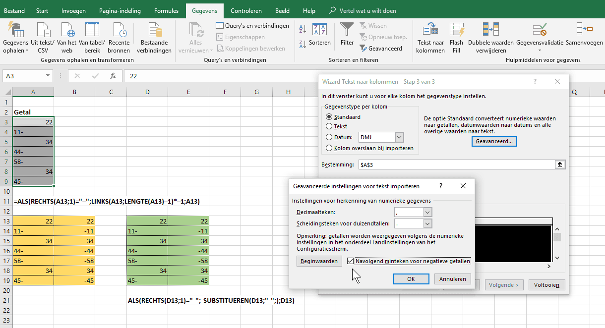 Excel werkbladen minteken voor achter omkeren SAP