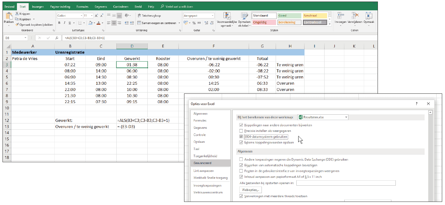 Excel werkbladen uren registratie negatief