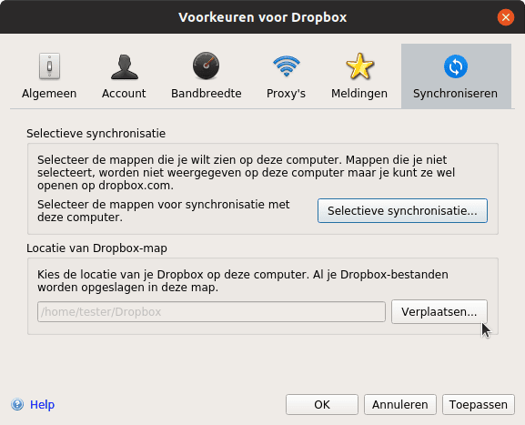Voorkeuren dropbox