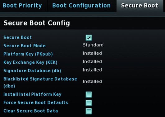 UEFI BIOS instellen Secure Boot Config Platform Key