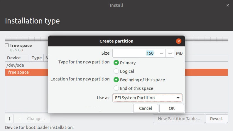 Linux op UEFI-pc installeren partitioneren ESP EFI System Partition