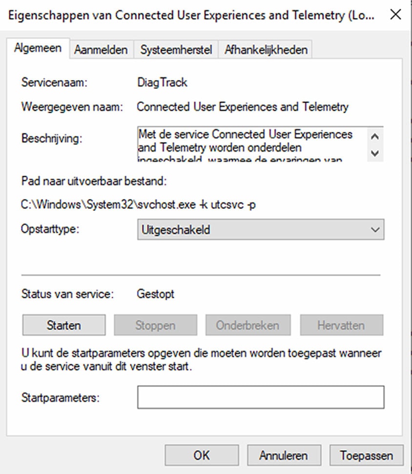 Windows 10 privacy verbeteren DiagTrack service uitschakelen opstarttype