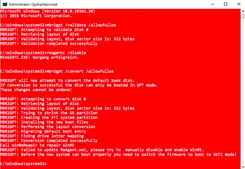 Windows 10 omzetten naar UEFI mbr2gpt Windows RE herstelomgeving reagent