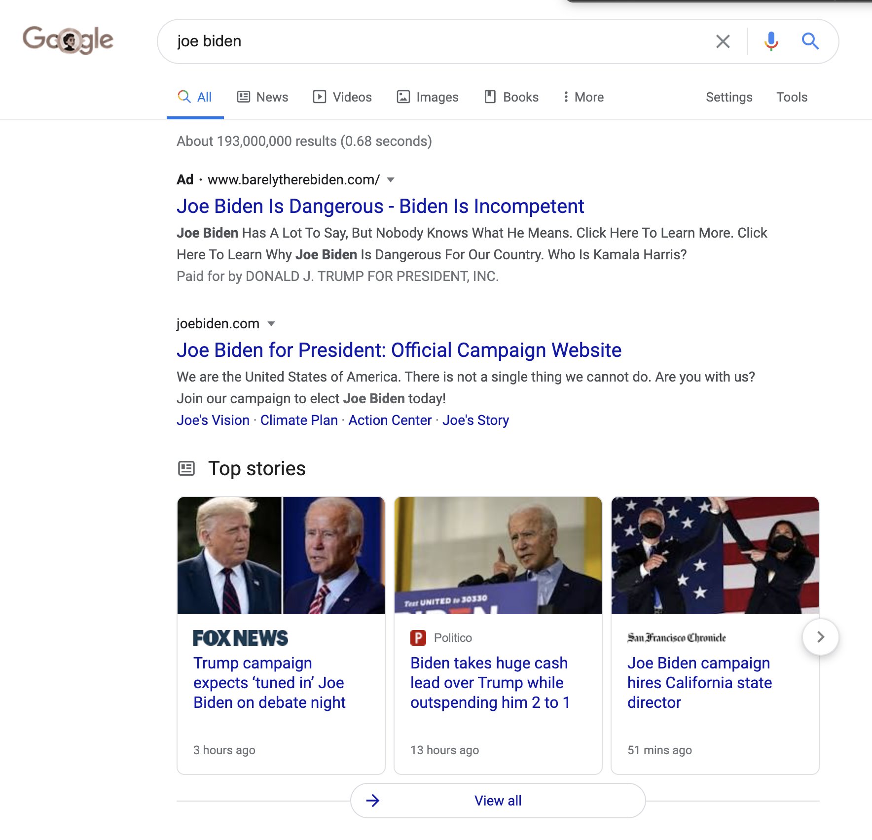 Google advertentie Biden Trump