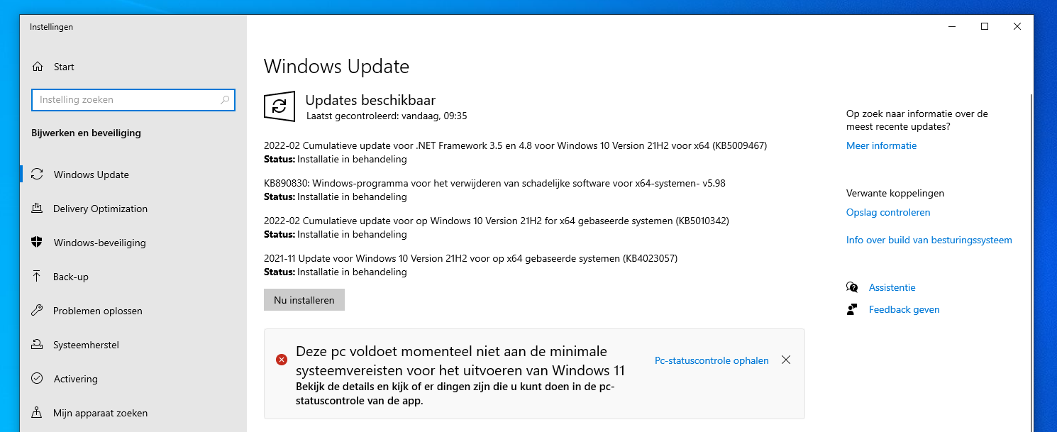 Windows Update venster pc niet geschikt voor Windows 11