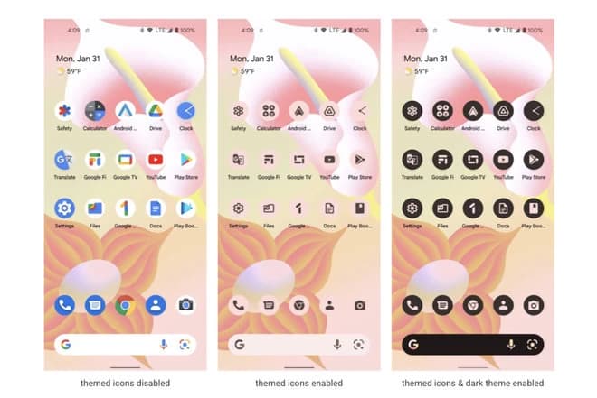 Android 13 pictogrammen aangepast aan thema en donkere modus