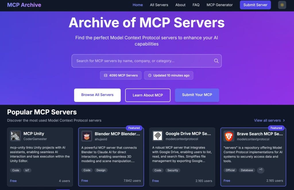 MCP voor AI, online overzichten, MCP Archive