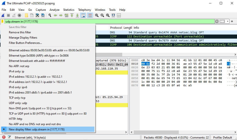 Wireshark filter instellen