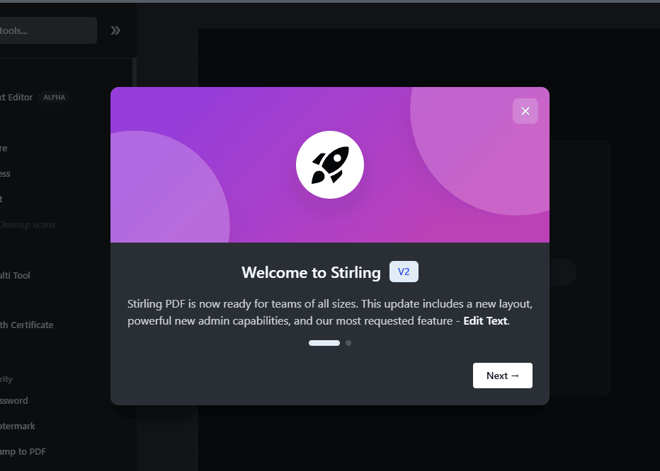 stirpdf welkomstscherm Stirling PDF 2.0