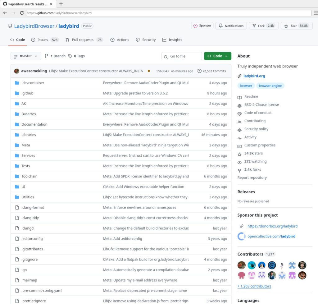 De GitHub-website wordt correct weergegeven door Ladybird en kan normaal worden gebruikt.