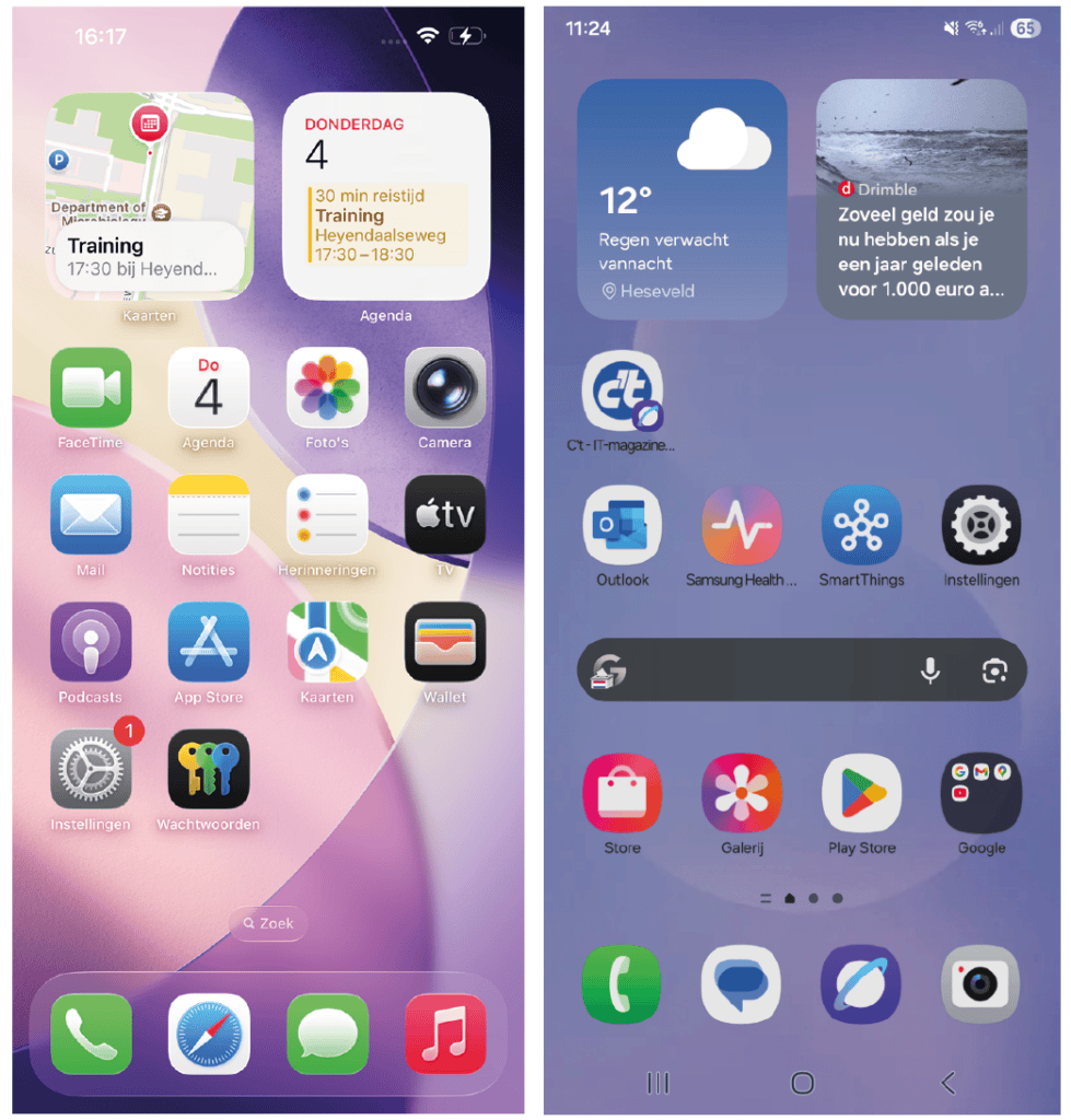 Apple iOS en Samsung Android One UI interface homescreen
