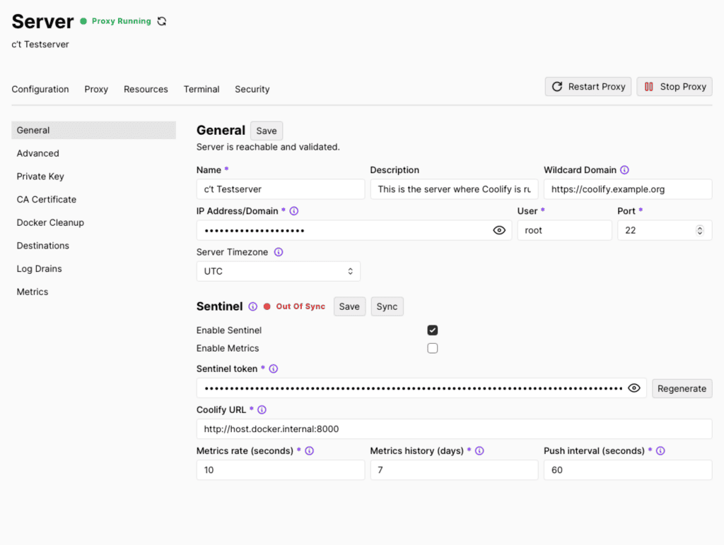 Coolify beheer interface server domein