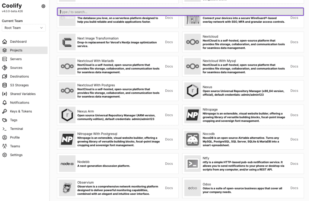 Coolify catalogus voor kant-en-klare applicaties installeren