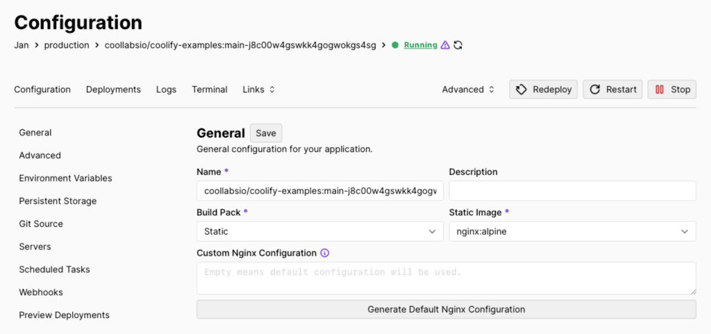 Coolify statische webpagina verpakken als container