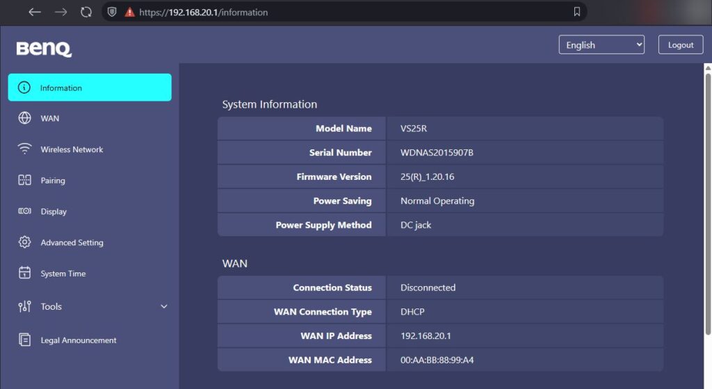 BenQ InstaShow VS25 webinterface beheer