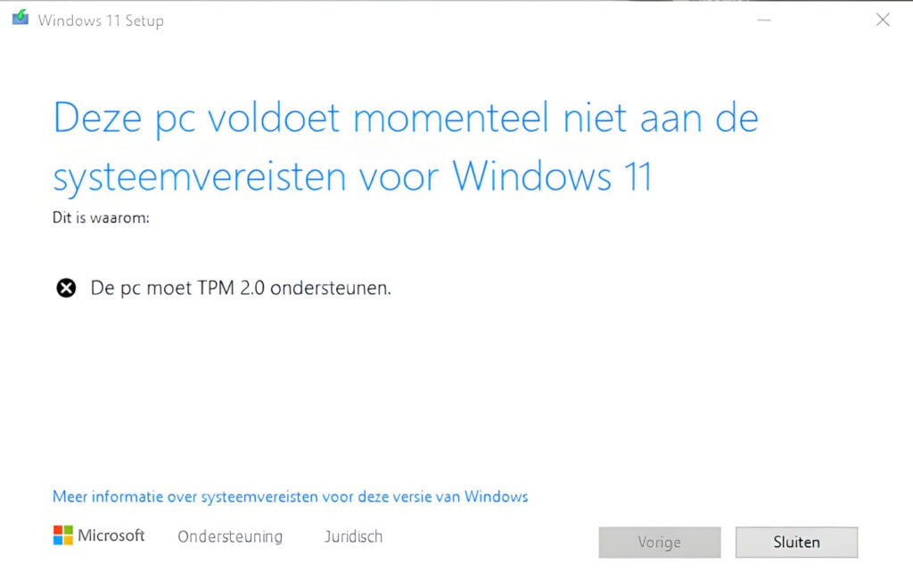 Windows voldoet niet aan eisen
