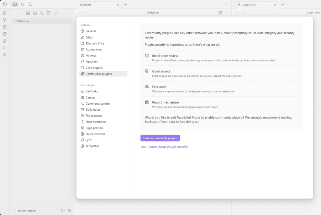 van Notion naar Obsidian, import plug-in inschakelen