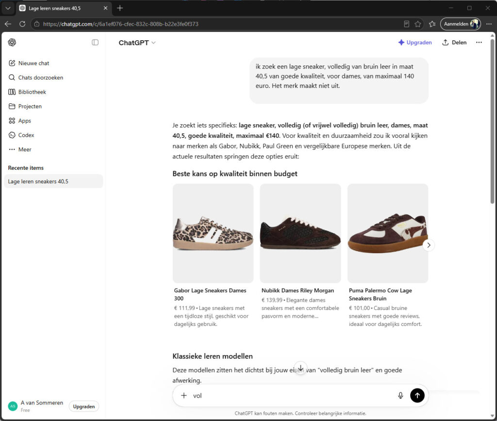 pers-inl chatgpt zoektocht lage sneakers