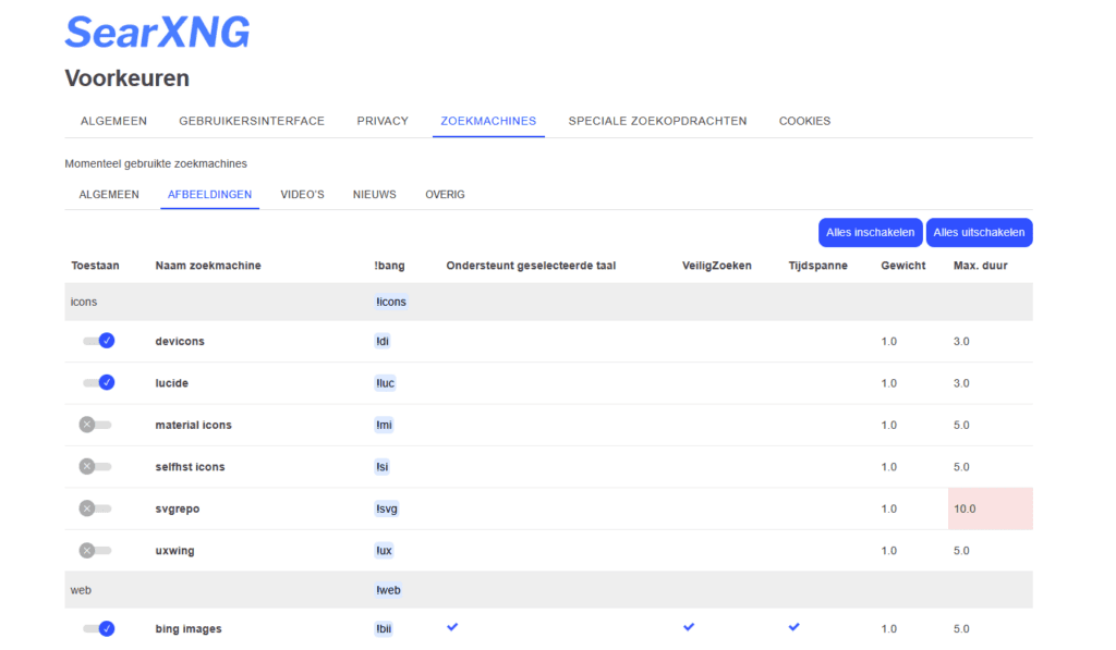 SearXNG zoekmachine instellingen per categorie