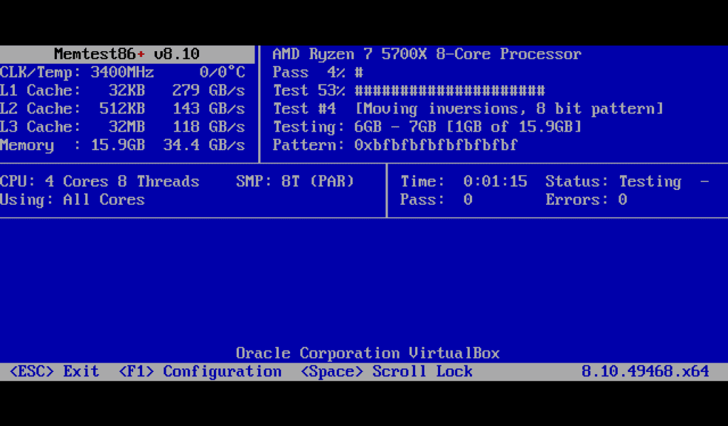 Memtest86+ vult het RAM met patronen en leest die weer uit