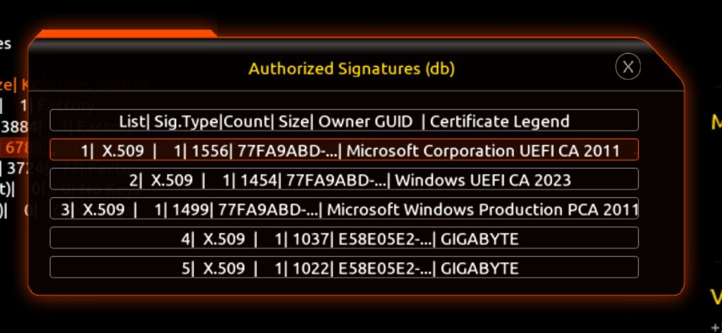 in het BIOS ontbreken het UEFI-CA-certificaat voor nieuwere Linux-bootloaders en het Option-ROM-certificaat voor firmware (Secure Boot)